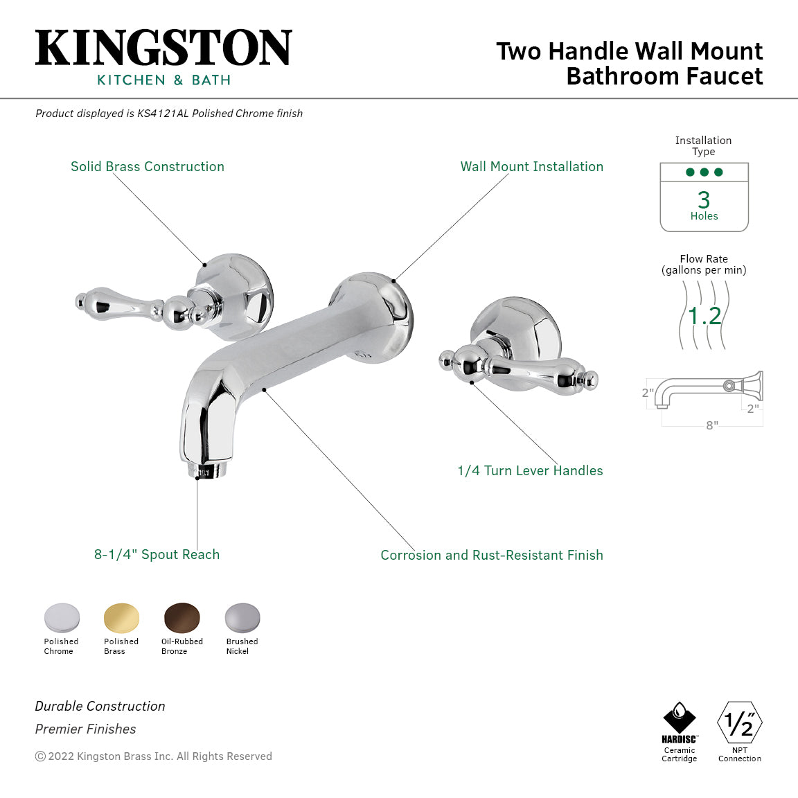 Kingston Tulare KS4125AL - Metropolitan Double-Handle 3-Hole Wall Mount Bathroom Faucet, Oil Rubbed Bronze — thumbnail 3